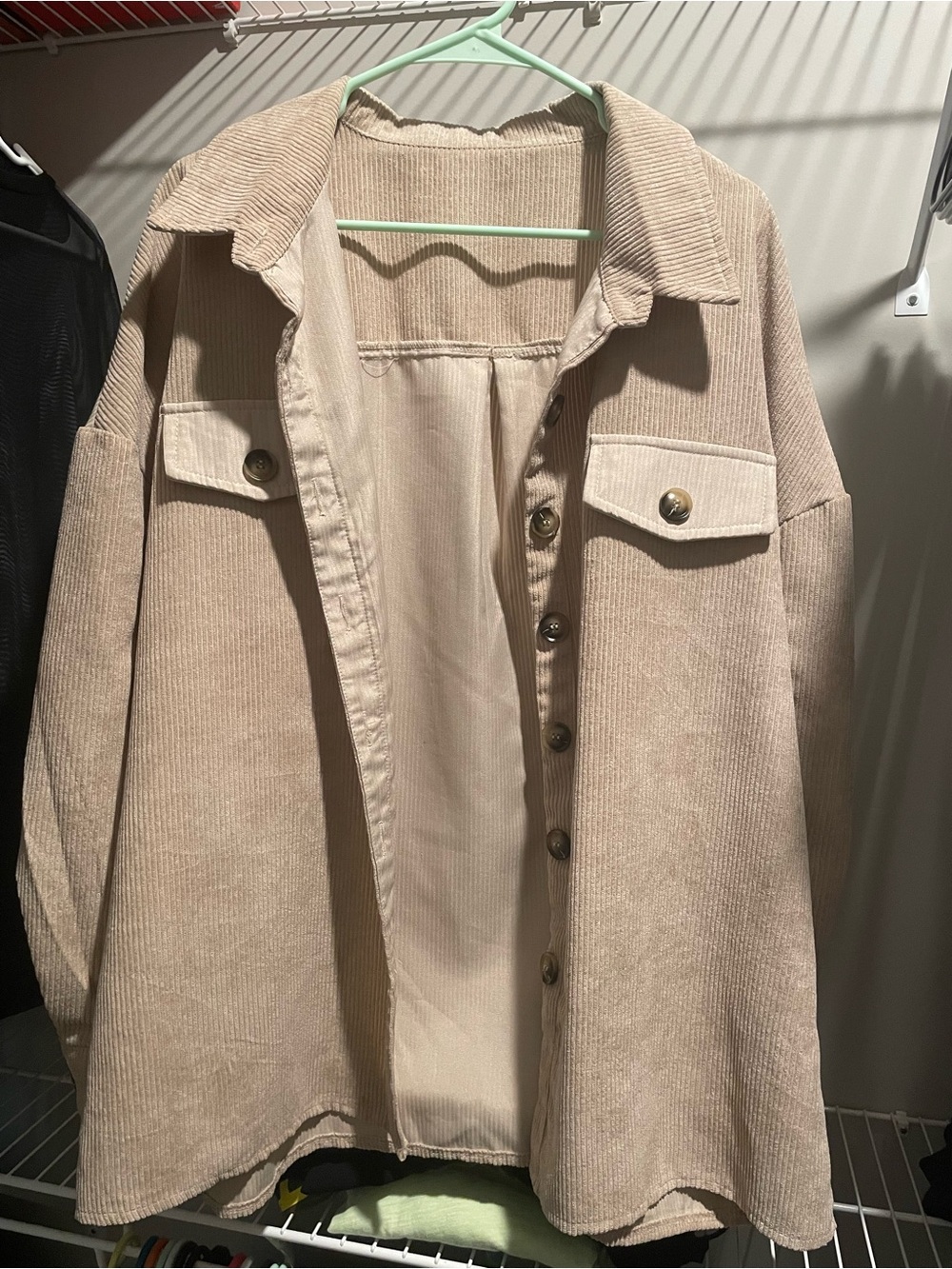 Beige Corduroy Button-Up Shacket Jacket